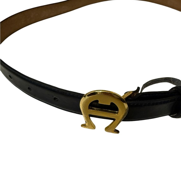 Etienne Aigner Leather Belt medium size Buckle Skinny Navy Blue Vtg - Picture 7 of 11